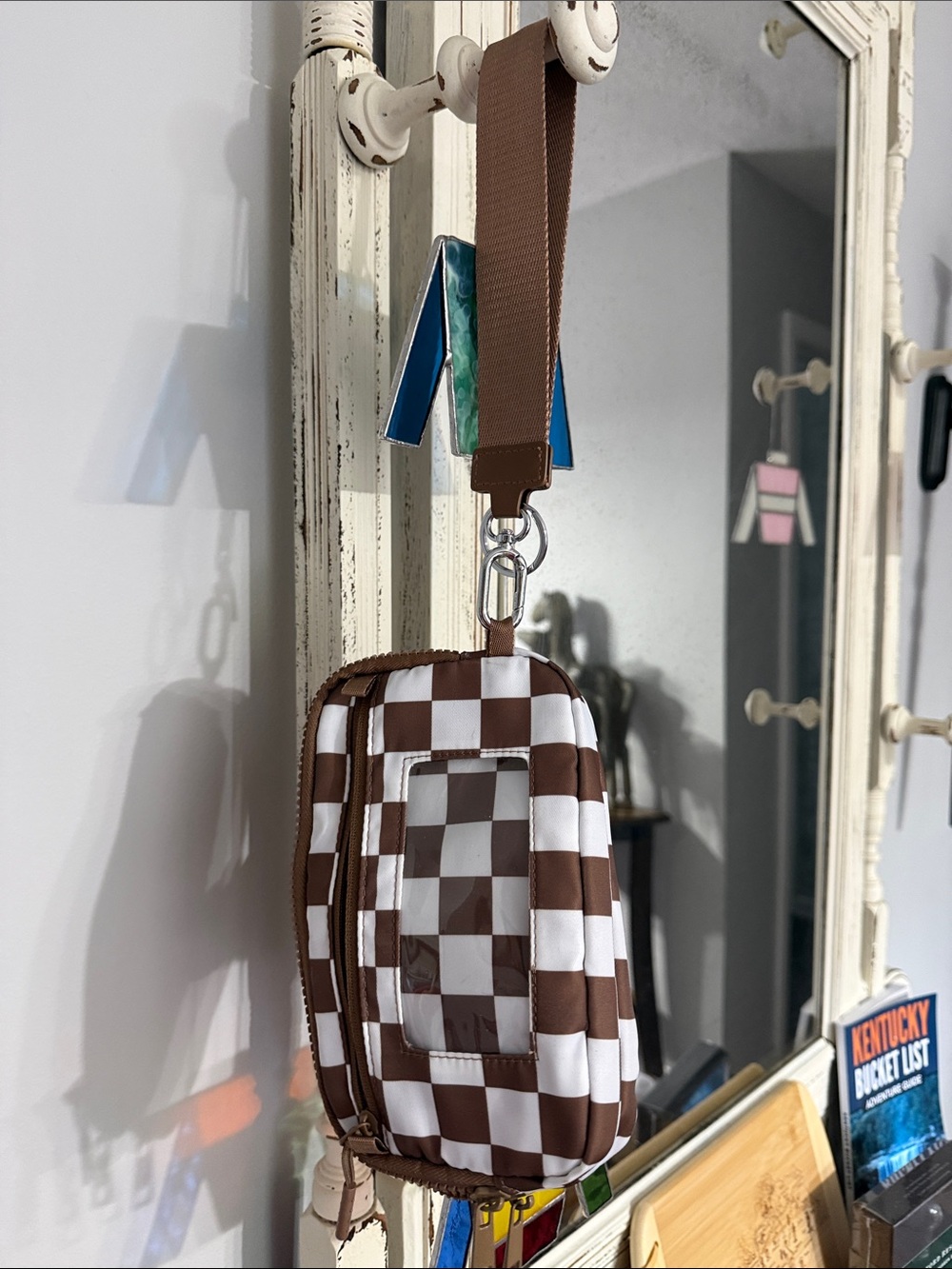 Brown and White Checkered Men’s Crossbody Pouch